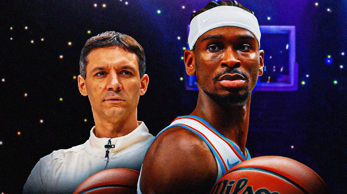 Oklahoma City Thunder star Shai Gilgeous-Alexander and head coach Mark Daigneault in front of the Paycom Center.