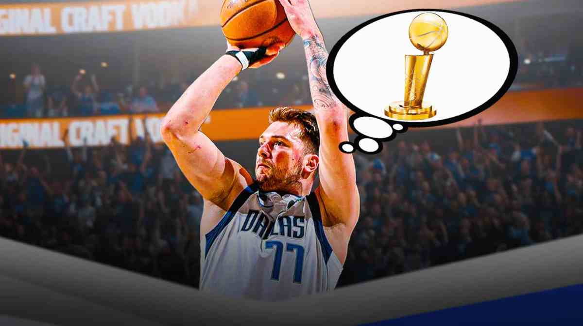 Mavericks' Luka Doncic shooting a basketball. Give him a thought bubble. In the bubble, place the NBA Finals trophy.