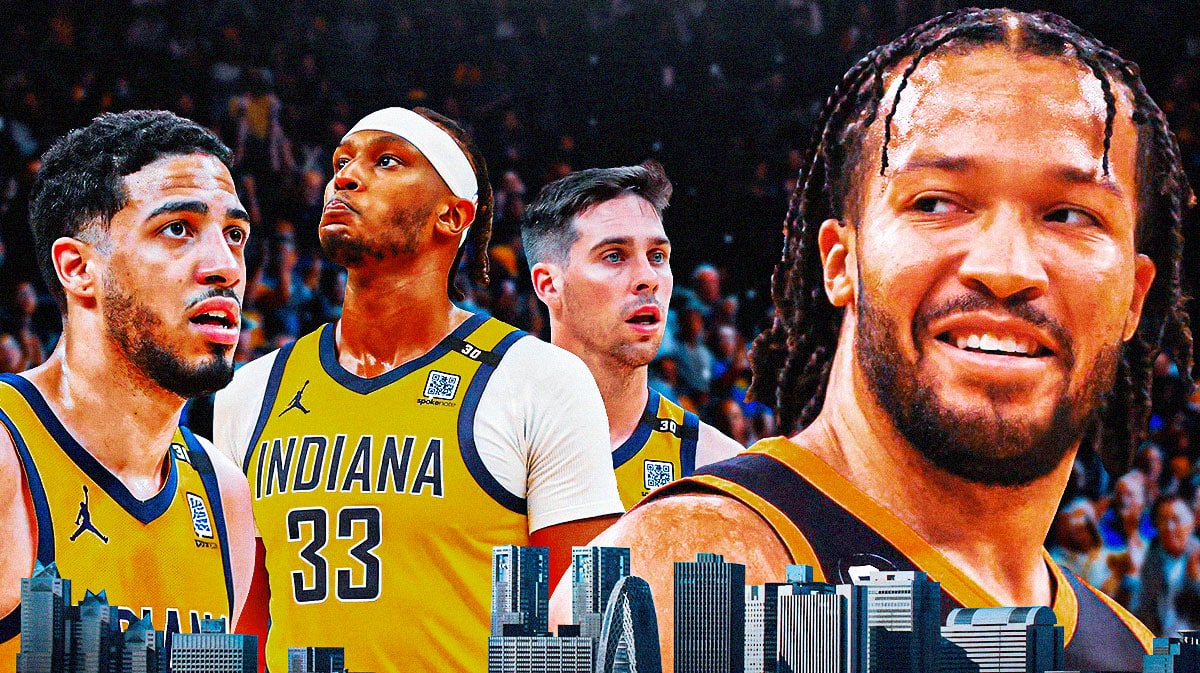 Pacers Tyrese Haliburton, Myles Turner, T.J. McConnell, and Obi Toppin looking angry/focused next to Knicks Jalen Brunson smiling.
