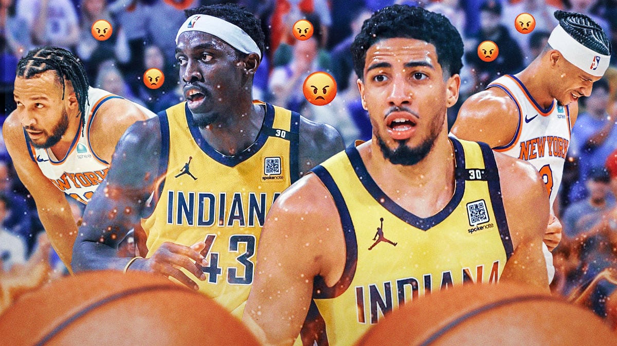 Tyrese Haliburton and Pascal Siakam on fire on one side, Jalen Brunson, Josh Hart, and a bunch of New Yrok Knicks fans on the other side with angry emojis around them