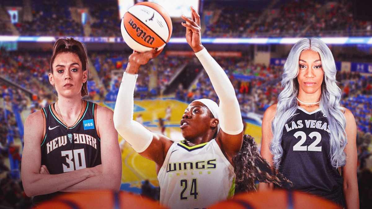 Wings' Arike Ogunbowale shooting a basketball in front. Place Aces' A'ja Wilson, Liberty's Breanna Stewart both in background looking serious.