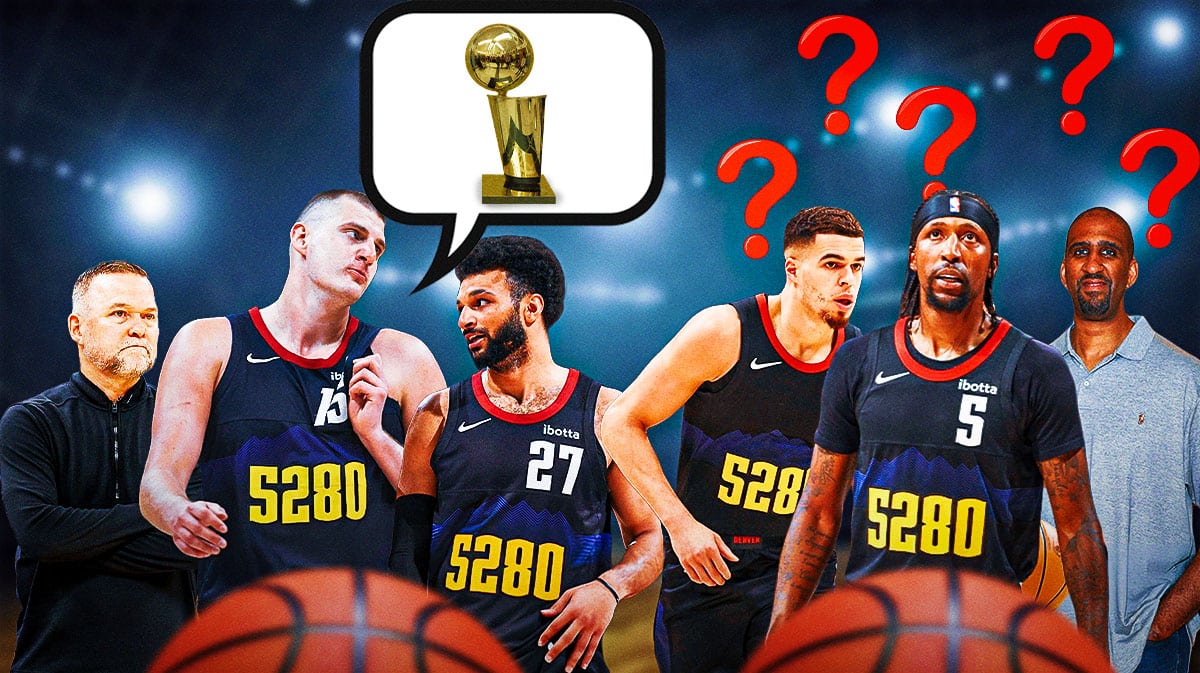 Nuggets' Nikola Jokic and Jamal Murray thinking of a championship next to Michael Malone, Kentavious Caldwell-Pope, Calvin Booth and Michael Porter Jr.