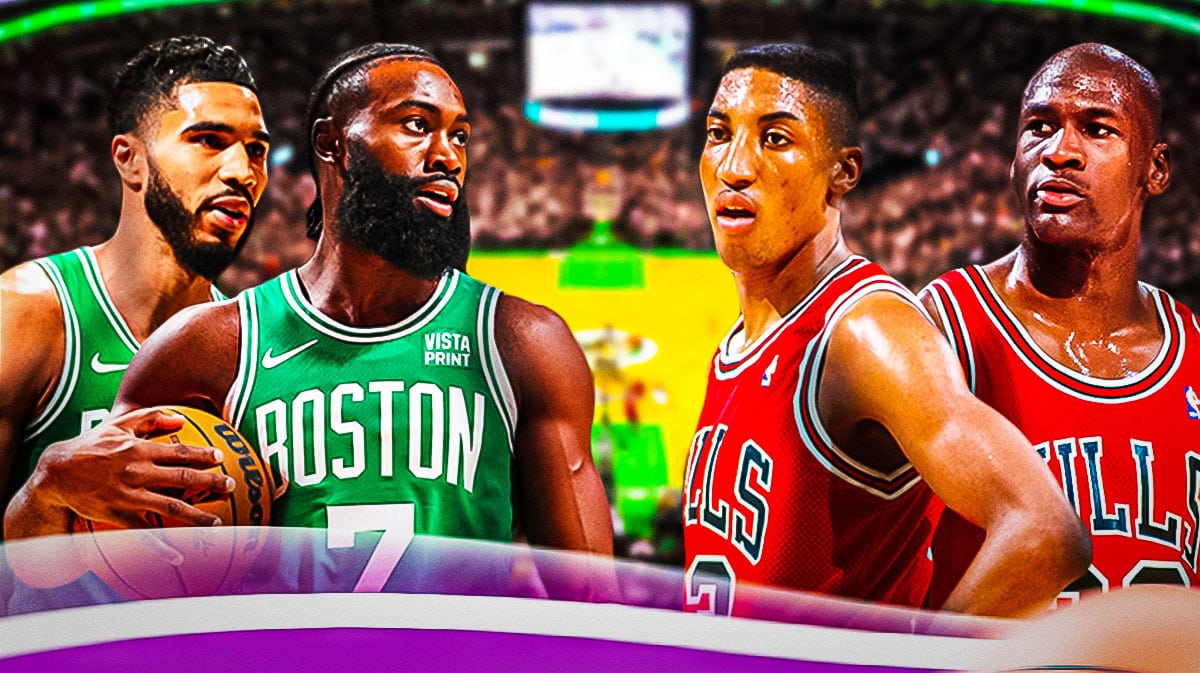 Boston Celtics players Jayson Tatum and Jaylen Brown and former Chicago Bulls players Scottie Pippen and Michael Jordan