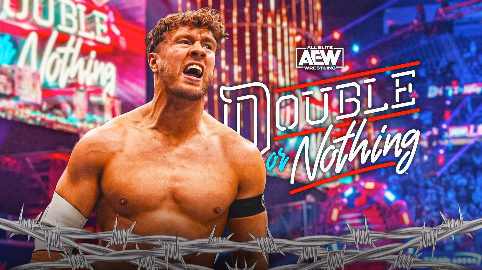 Will Ospreay in front of the 2024 AEW Double or Nothing logo.