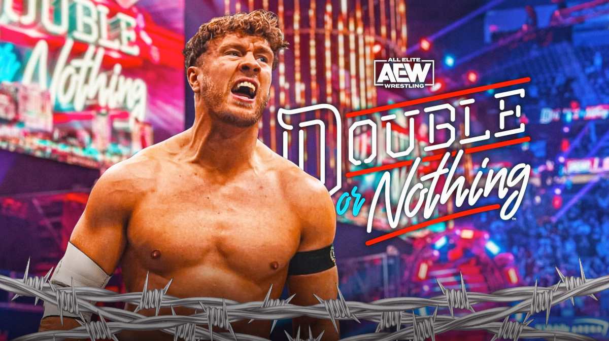 Will Ospreay in front of the 2024 AEW Double or Nothing logo.