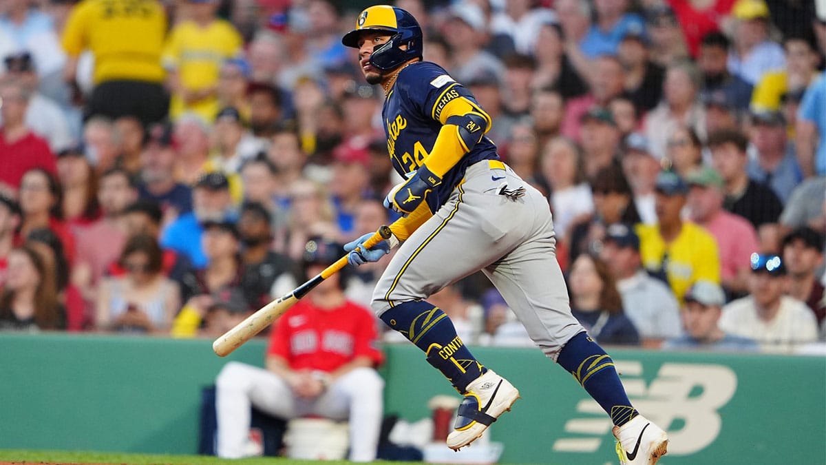 Milwaukee Brewers catcher William Contreras (24) watches his two-run home run against the Boston Red Sox during the third inning at Fenway Park.