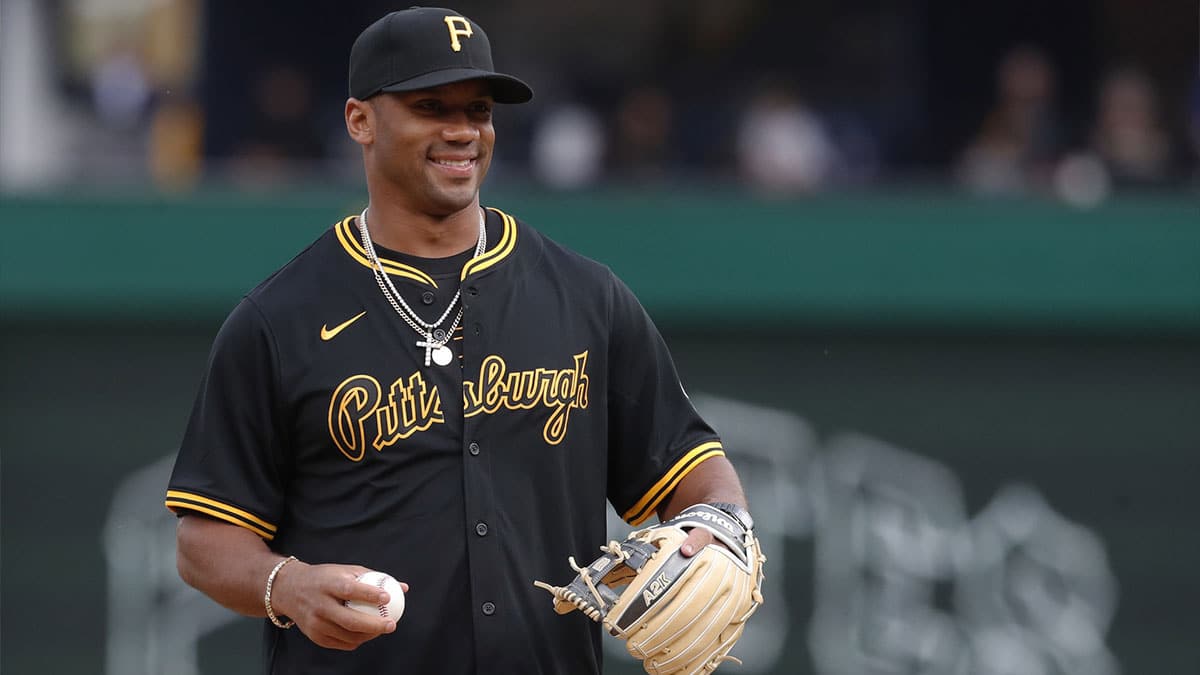 Pittsburgh Steelers quarterback Russell Wilson (3) throws out a ceremonial first pitch before the Pittsburgh Pirates host the Boston Red Sox at PNC Park.