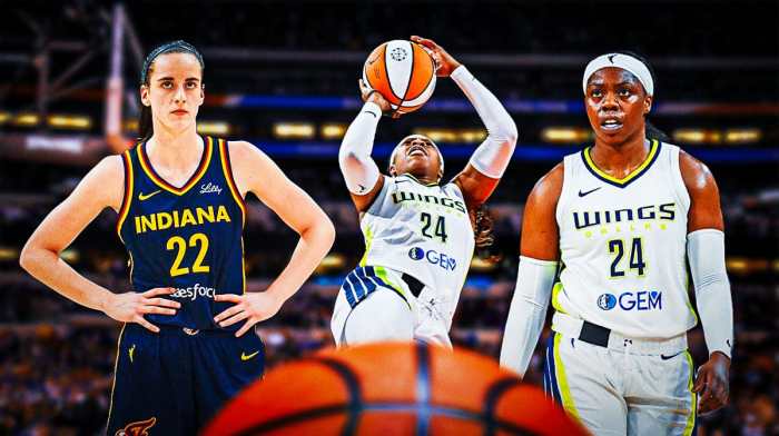 Wings' Arike Ogunbowale shooting a basketball in background. In front, need both Wings' Arike Ogunbowale and Fever's Caitlin Clark looking serious.