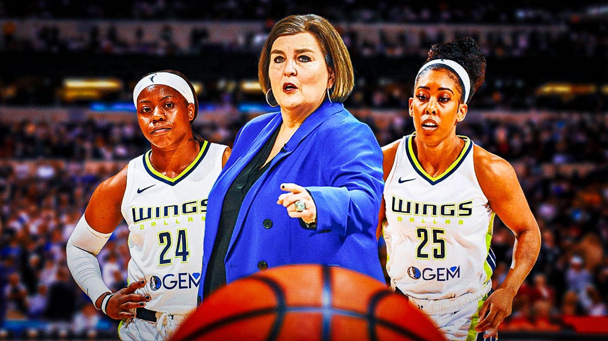 Dallas Wings' Latricia Trammell in front looking serious. Place Dallas Wings' Arike Ogunbowale, Dallas Wings' Monique Billings in background.