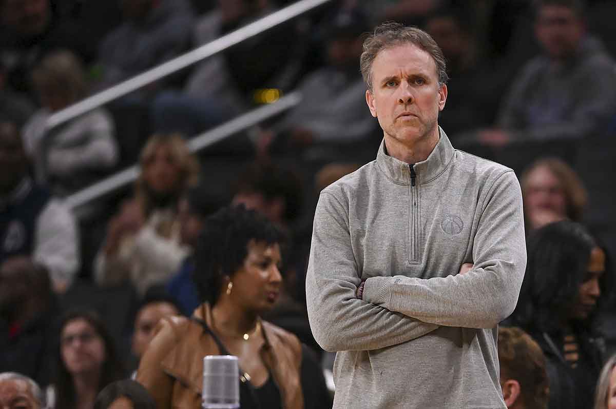 Washington Wizards interim head coach Brian Keefe looks onto the court during the first half against the Houston Rockets