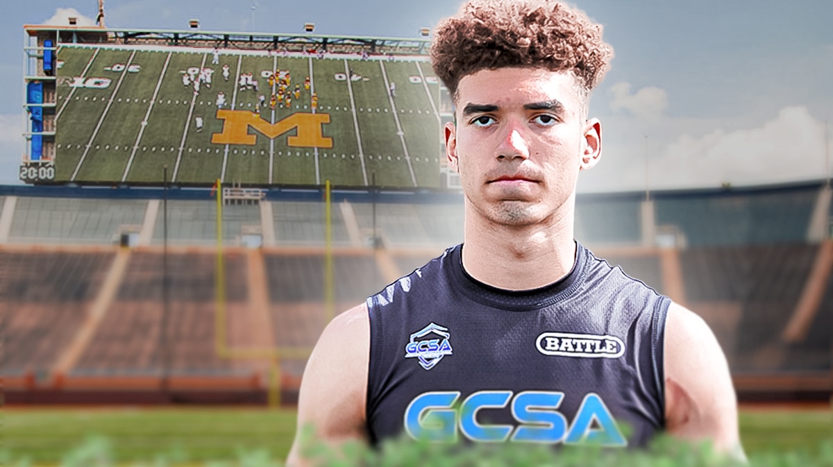Michigan football, Wolverines, Derek Meadows, Michigan football recruiting, Derek Meadows Michigan, Derek Meadows (high school American football player) with Michigan football stadium in the background