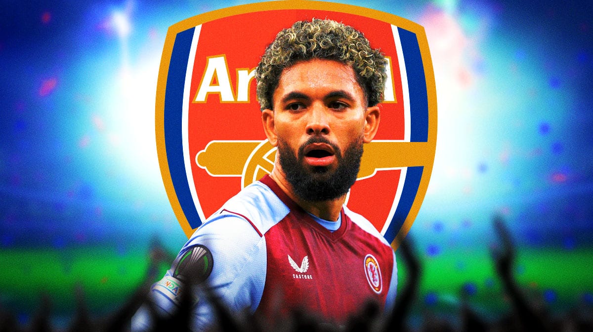 Douglas Luiz in front of the Arsenal logo