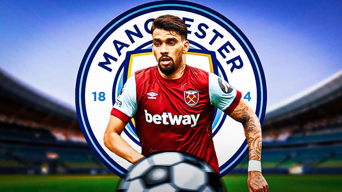 Lucas Paqueta in front of the Manchester City logo