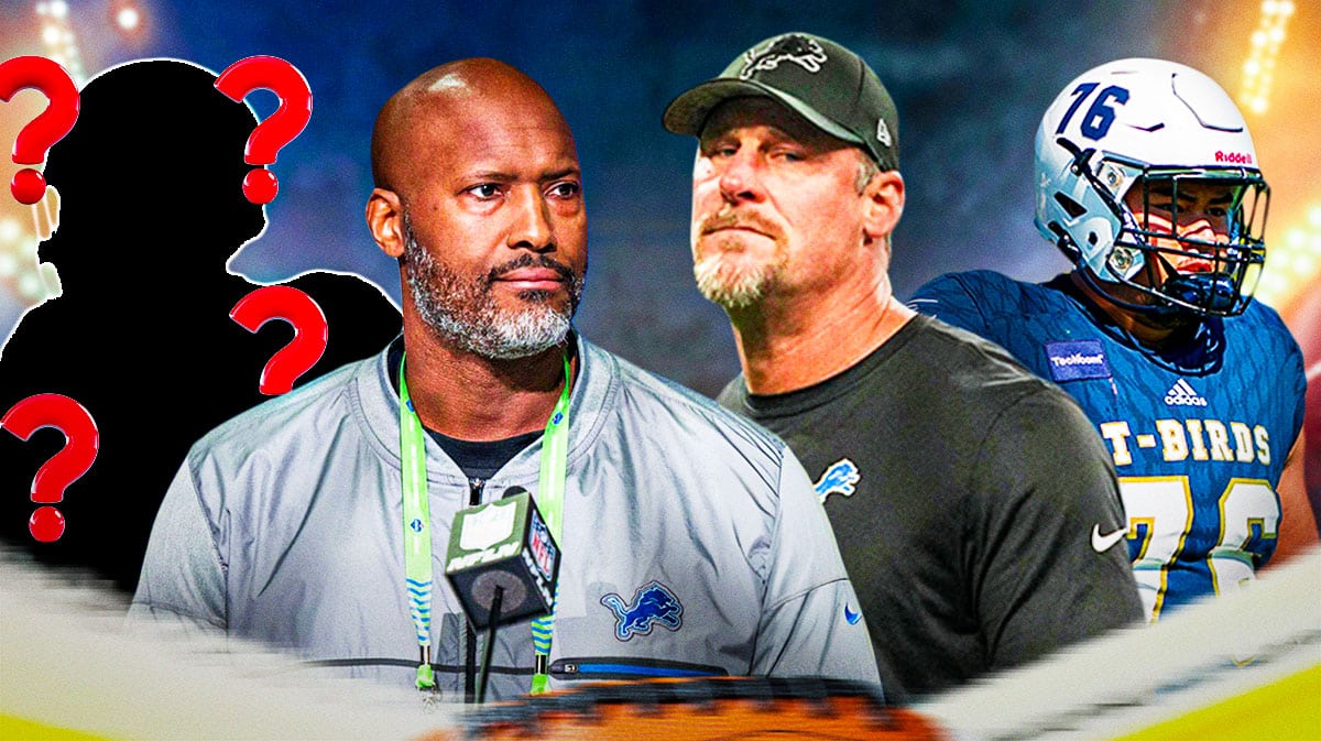 Detroit Lions general manager Brad Holmes with head coach Dan Campbell. They are standing next to tackle Giovanni Manu and a silhouette of an American football player with a big question mark inside it.