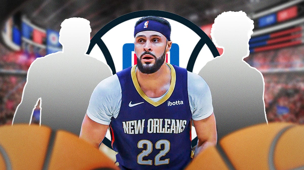 Clippers logo as background with trade targets Larry Nance Jr. in the middle and a silhouette of Dorian Finney-Smith on one side and a silhouette of Nick Richards on the other.