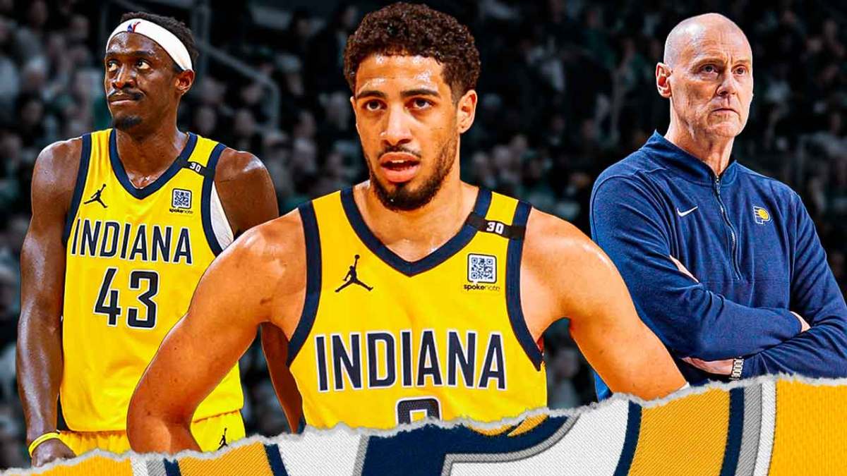 Tyrese Haliburton, Pascal Siakam and Rick Carlisle with the Pacers arena in the background, offseason free agency free agents