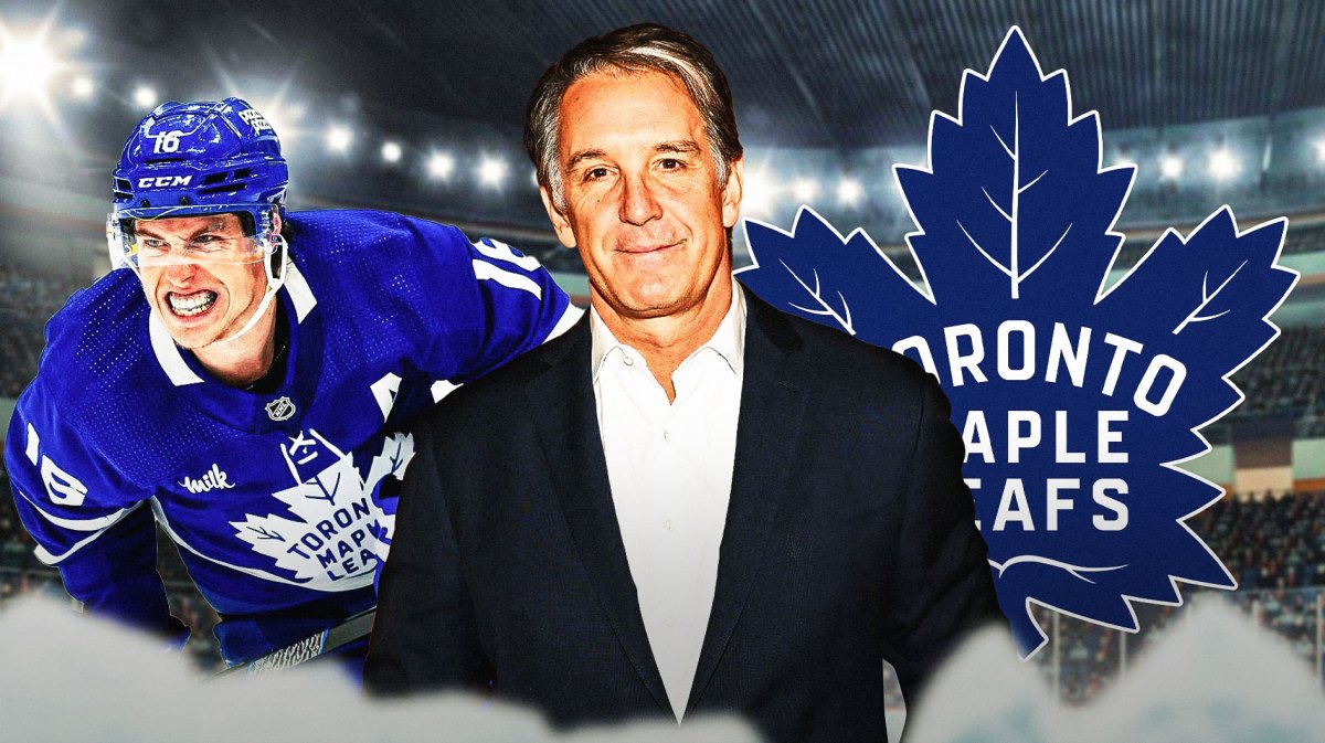 Mitch Marner, Brendan Shanahan and the Maple Leafs logo