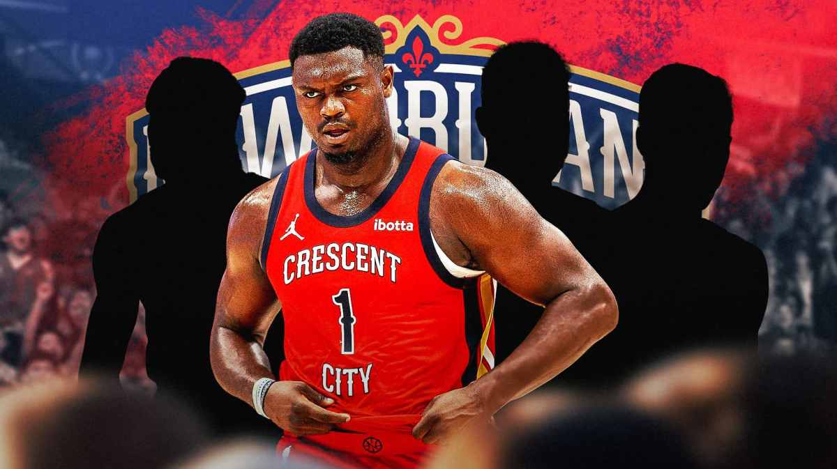 Zion Williamson in the middle, Three mystery players around him, and New Orleans Pelicans wallpaper in the background