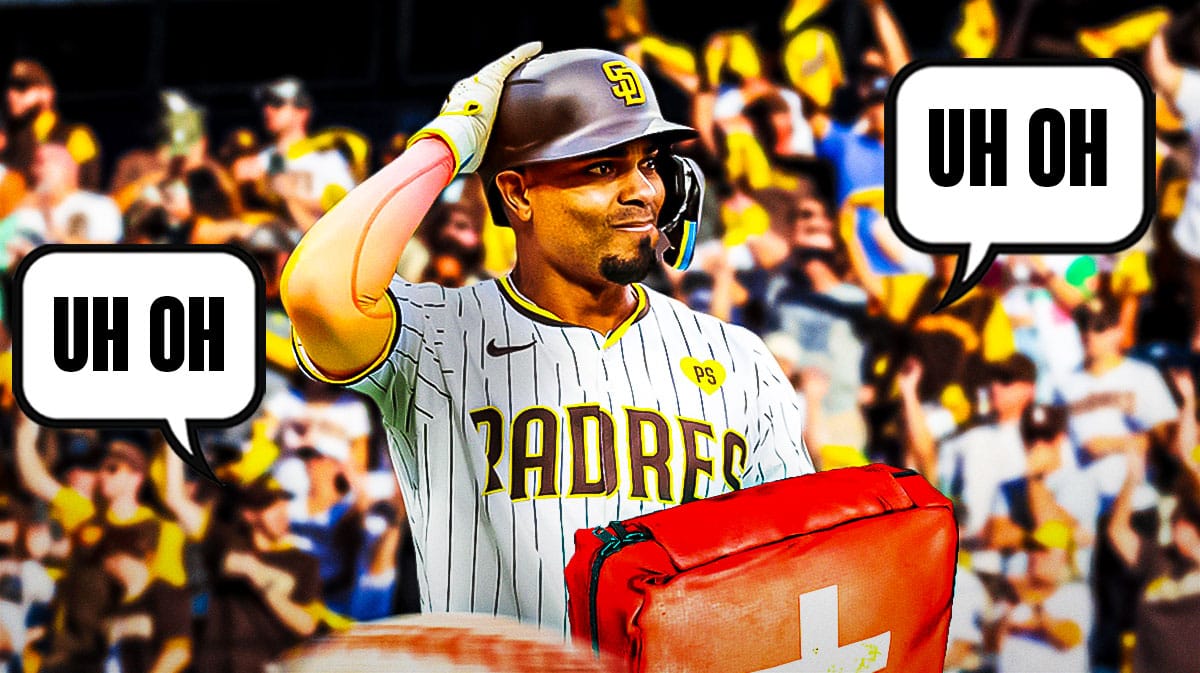 Xander Bogaerts with an injury kit in front of him, a bunch of Padres fans on the other side with a speech bubble that says "Uh oh"