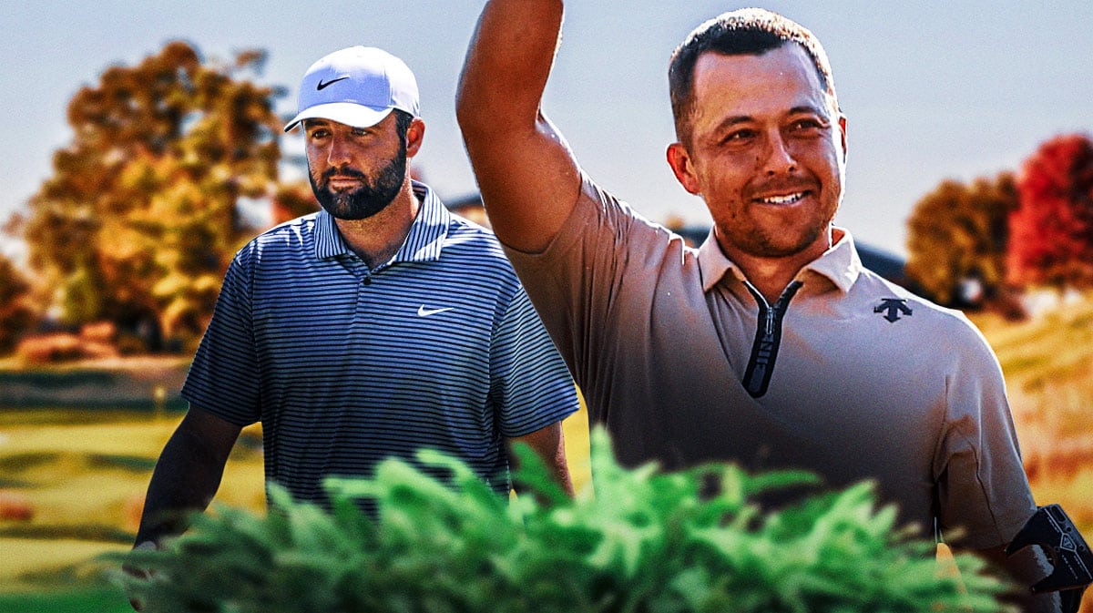 Scottie Scheffler stands next to Xander Schauffele during 2024 PGA Tour Championship after traffic incident