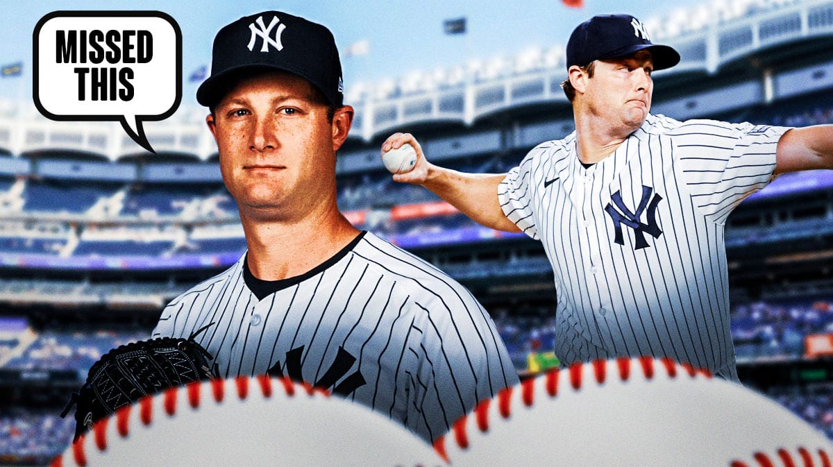 Photo: Gerrit Cole in action in Yankees jersey, have him saying "Missed this", Yankee Stadium in background