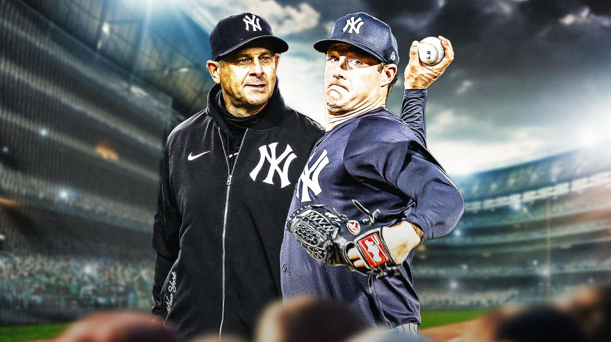 Photo: Gerrit Cole pitching in Yankees jersey, Aaron Boone beside him