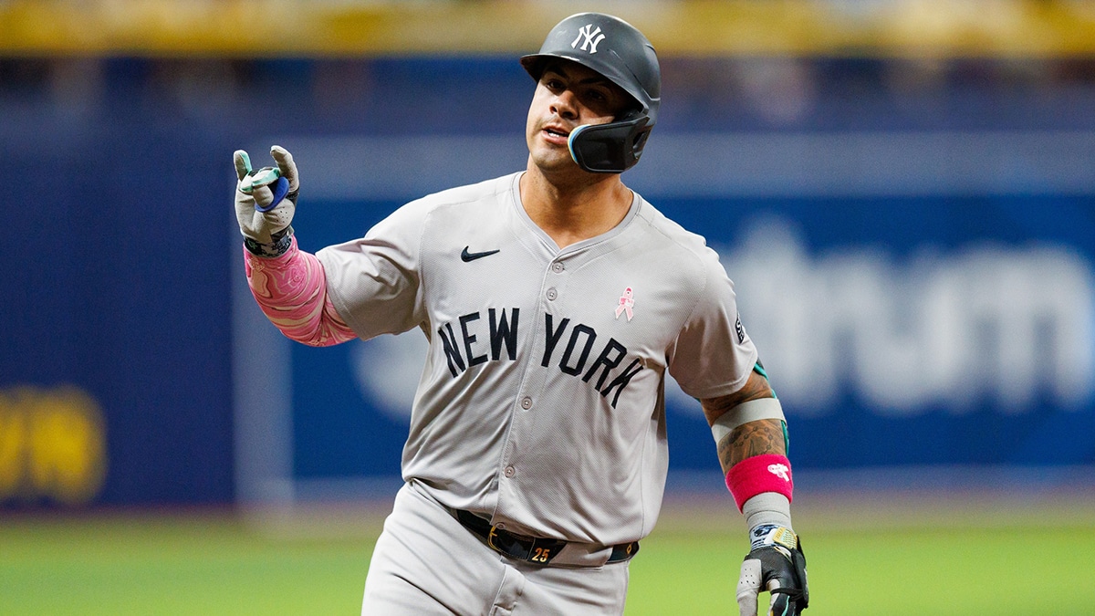 New York Yankees second baseman Gleyber Torres (25) runs the bases after hitting a three run home run against the Tampa Bay Rays in the eighth inning at Tropicana Field. 