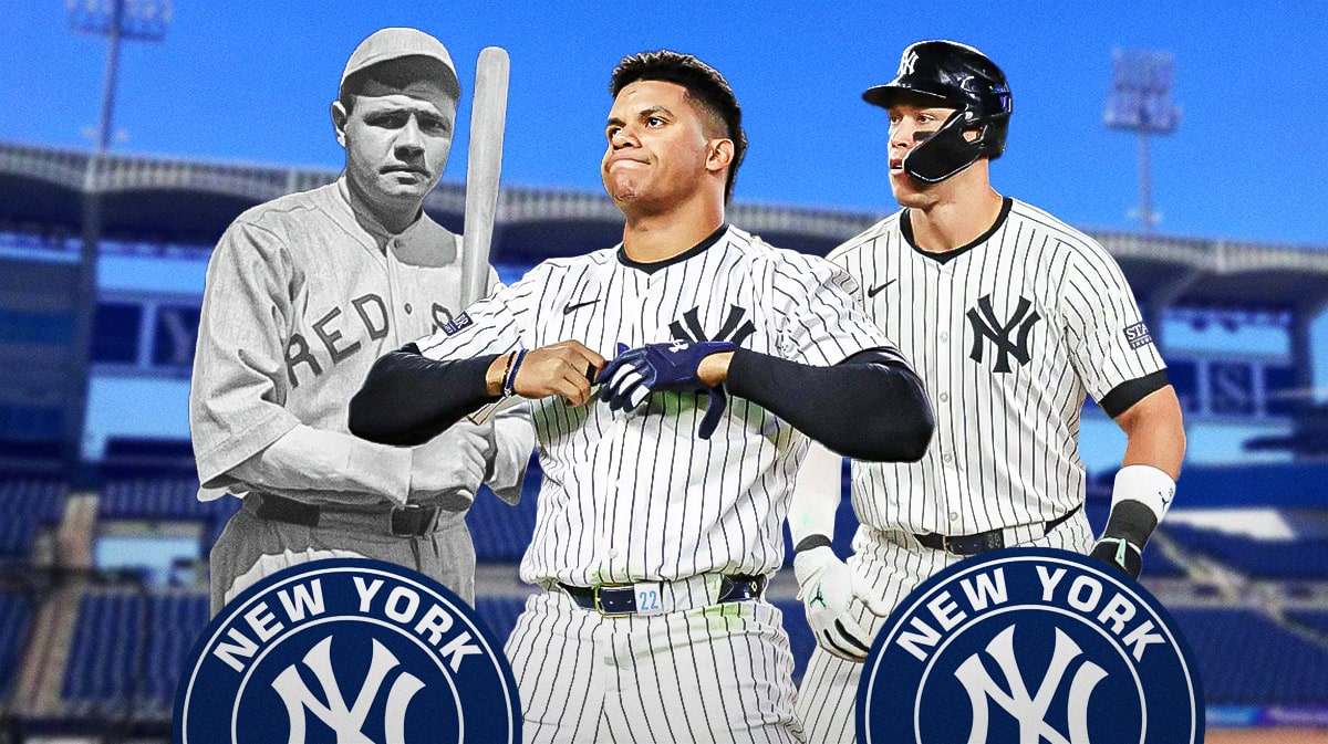 Yankees' Juan Soto hyped up, with Babe Ruth and Aaron Judge beside him