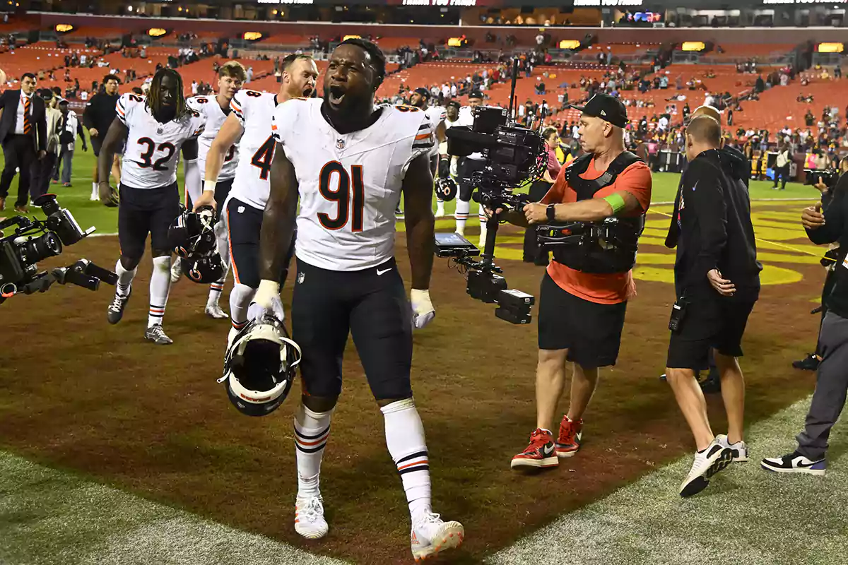 Chicago Bears defensive end Yannick Ngakoue (91) reacts after the game against the Washington Commanders at FedExField