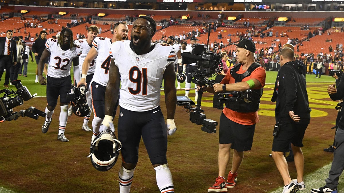 Oct 5, 2023; Landover, Maryland, USA; Chicago Bears defensive end Yannick Ngakoue (91) reacts after the game against the Washington Commanders at FedExField.