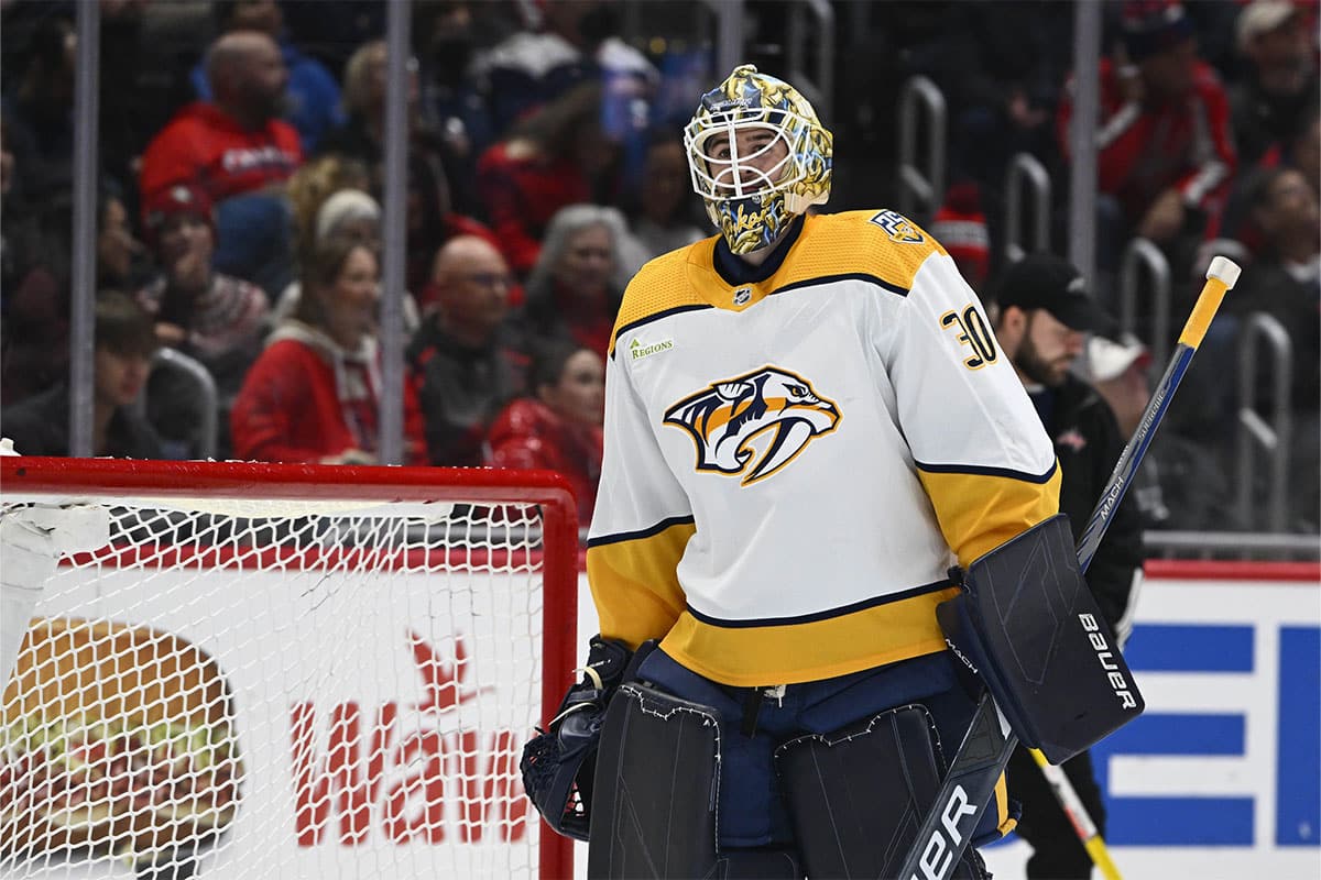 Nashville Predators goaltender Yaroslav Askarov (30) on the ice against the Washington Capitals during the first period at Capital One Arena.