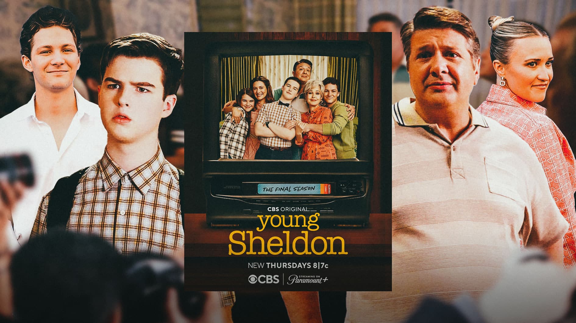 Young Sheldon Season 7 poster with Montana Jordan, Iain Armitage as Sheldon, Lance Barber as George Cooper, and Emily Osment with family dinner table background.