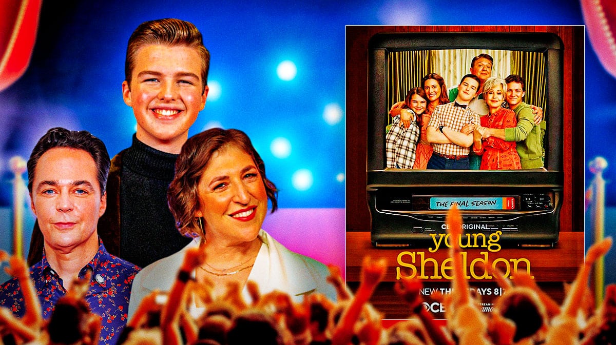 Young Sheldon final season poster with The Big Bang Theory stars Jim Parsons, Mayim Bialik and Iain Armitage.