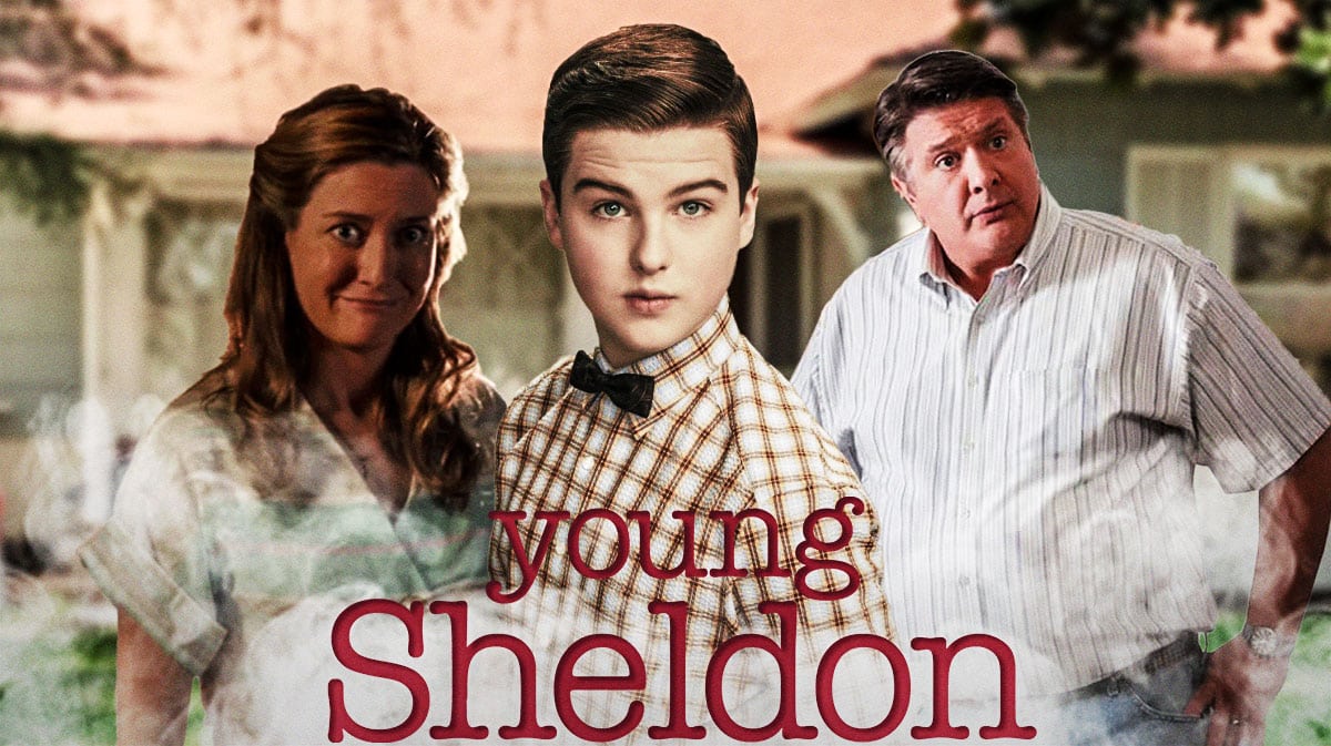 Young Sheldon logo and house background with Mary Cooper (Zoe Perry), Sheldon Cooper (Iain Armitage), and George Cooper Sr. (Lance Barber).
