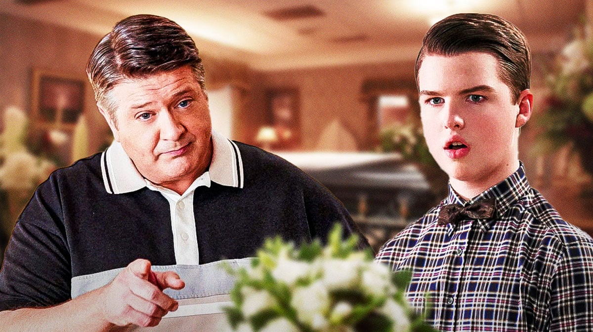 Lance Barber and Iain Armitage as George and Sheldon Cooper from Young Sheldon with funeral background.