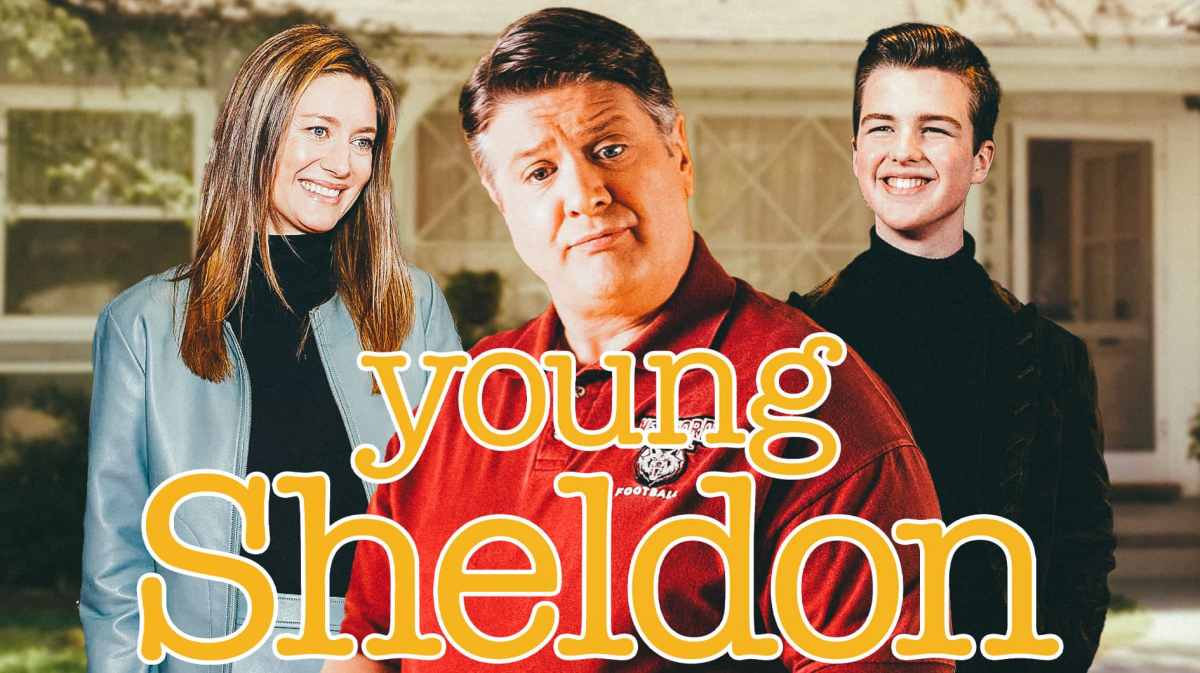 Young Sheldon logo and house with Lance Barber as George Cooper Sr., Zoe Perry, and Iain Armitage.