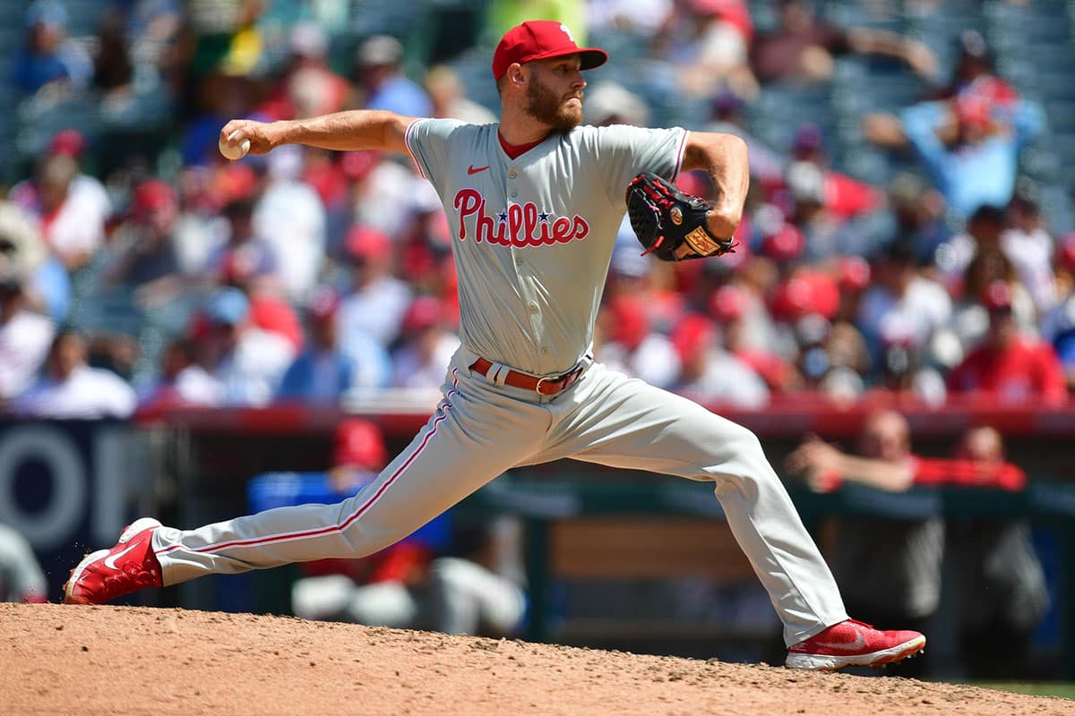 Philadelphia Phillies pitcher Zack Wheeler (45) throws against the Los Angeles Angels during the fourth inning at Angel Stadium.