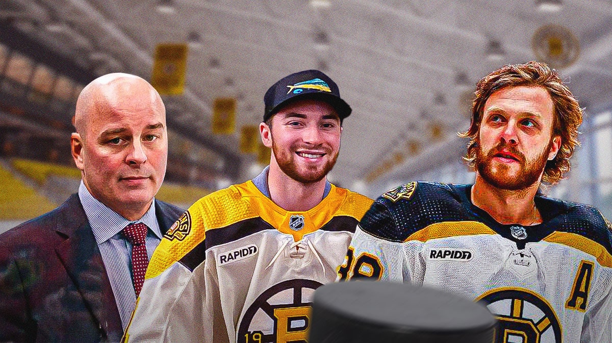 Boston Bruins head coach Jim Montgomery and players Jeremy Swayman and David Pastrnak
