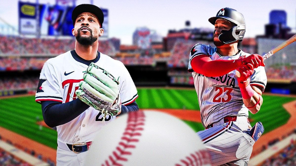 Twins' Byron Buxton catching a baseball. Twins' Royce Lewis swinging a baseball bat. Target Field background.