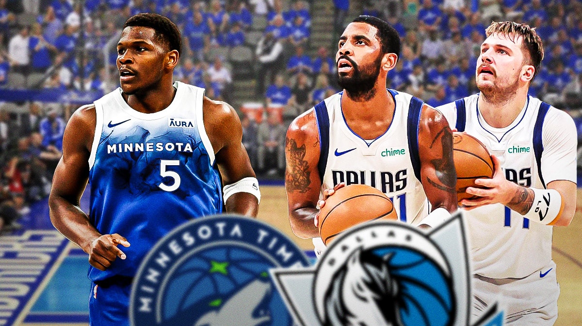 Timberwolves' Anthony Edwards looking serious on left. Mavericks' Kyrie Irving and Mavericks' Luka Doncic both shooting basketballs on right.