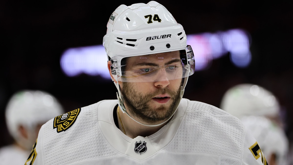 Boston Bruins left wing Jake DeBrusk (74) looks on against the Florida Panthers during the second period n game two of the second round of the 2024 Stanley Cup Playoffs at Amerant Bank Arena.
