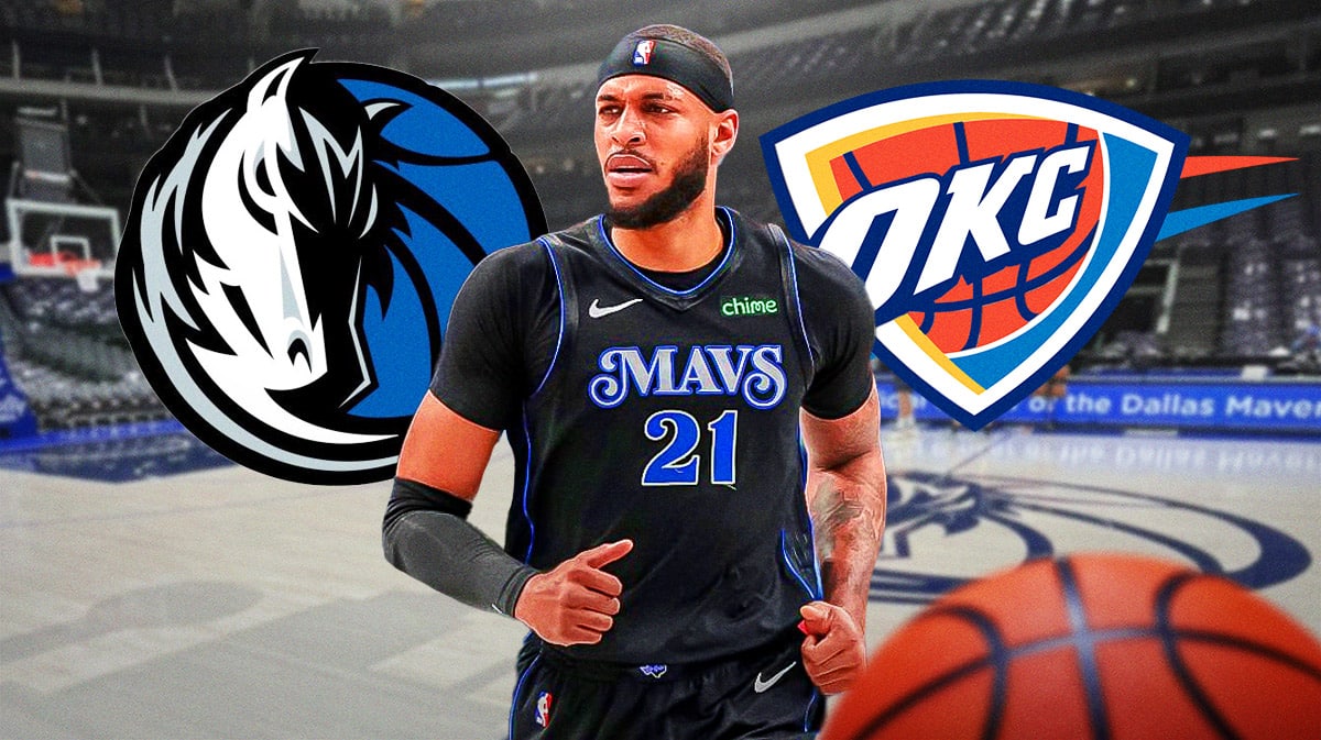 Mavericks' Daniel Gafford looking serious in front. Mavericks and Thunder logos in background.