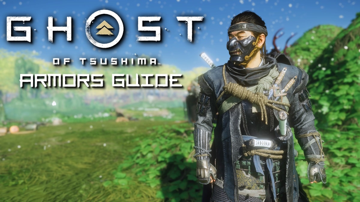 ghost of tsushima armor, ghost thushima armor guide, ghost tsushima guide, ghost of tsushima, a screenshot of jin wearing the ghost armor with the game logo in one corner and the words armors guide under it