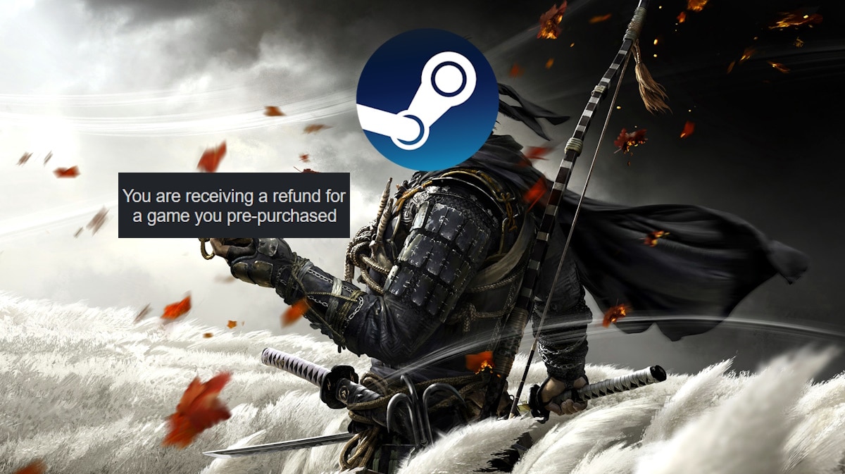 ghost of tsushima pc refund, ghost tsushima pc, ghost of tsushima steam, ghost tsushima refund, ghost tsushima, key art for ghost of tsushima with the steam logo over Jin's head and the email from steam on his hand