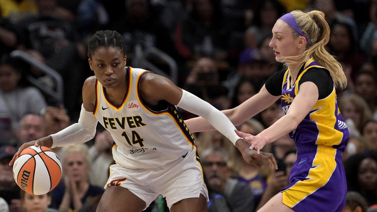 May 24, 2024; Los Angeles, California, USA; Indiana Fever center Temi Fagbenle (14) is guarded by Los Angeles Sparks forward Cameron Brink (22) in the second half at Crypto.com Arena. Mandatory Credit: Jayne Kamin-Oncea-USA TODAY Sports