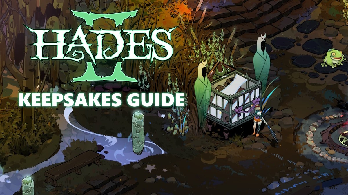 hades 2 keepsakes, hades 2 keepsakes guide, hades 2 guide, hades 2, an ingame screenshot of the keepsakes cabinet with the hades 2 logo on the left side and the words keepsakes guide under it