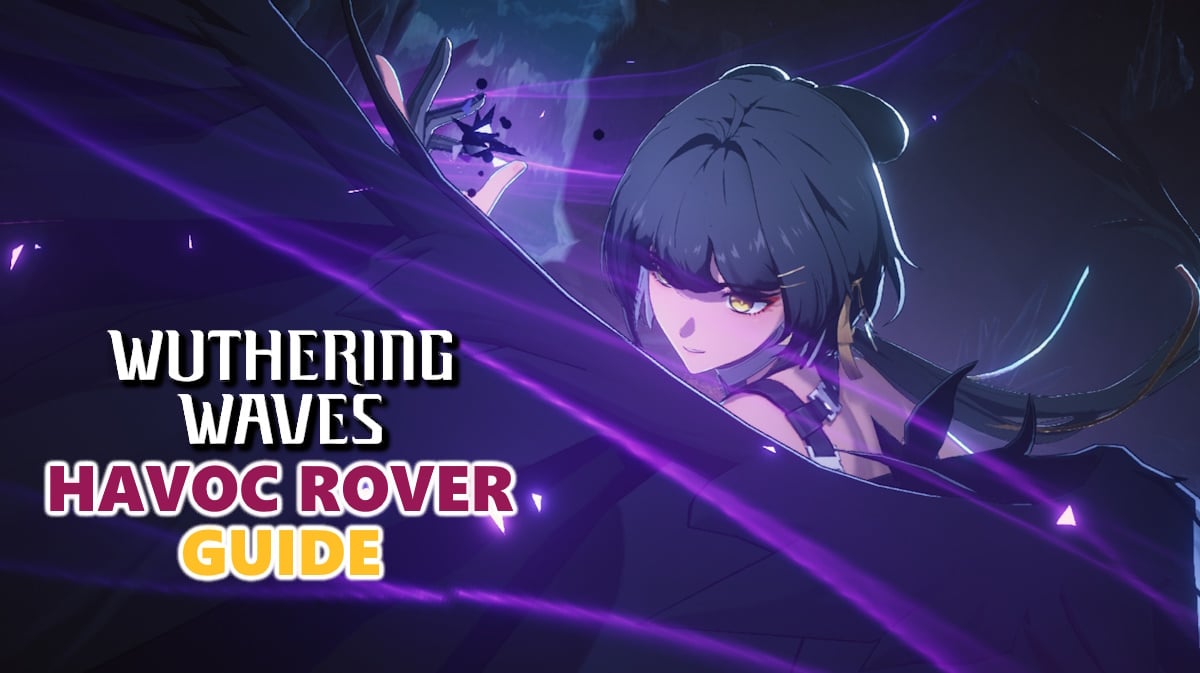 Havoc rover build, Havoc rover weapon, Havoc rover echoes, Havoc rover guide, Havoc rover, a screenshot of the Havoc rover's ultimate with the wuthering waves logo on one side and the words Havoc rover guide under it