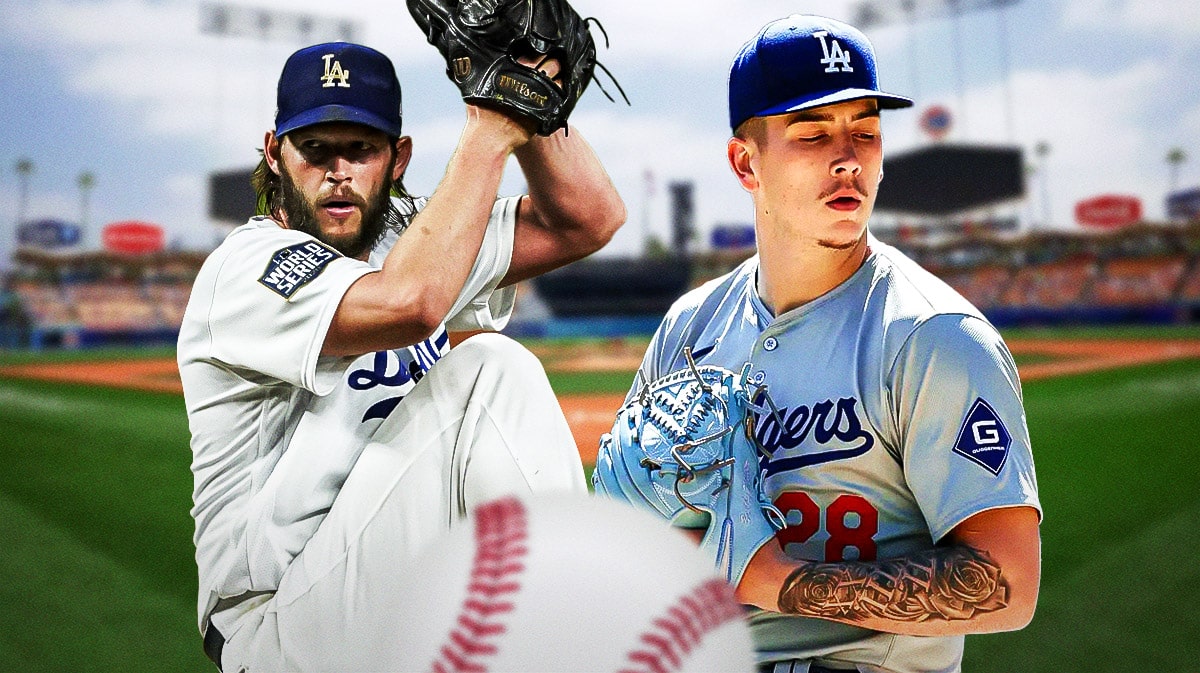 Dodgers' Clayton Kershaw and Dodgers' Bobby Miller both pitching baseballs at Dodger Stadium.