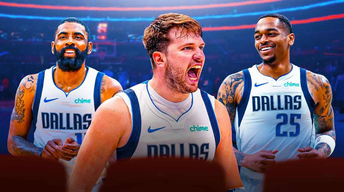 Mavericks' Luka Doncic looking excited/yelling. Place Mavericks' Kyrie Irving, Mavericks' PJ Washington in background smiling.