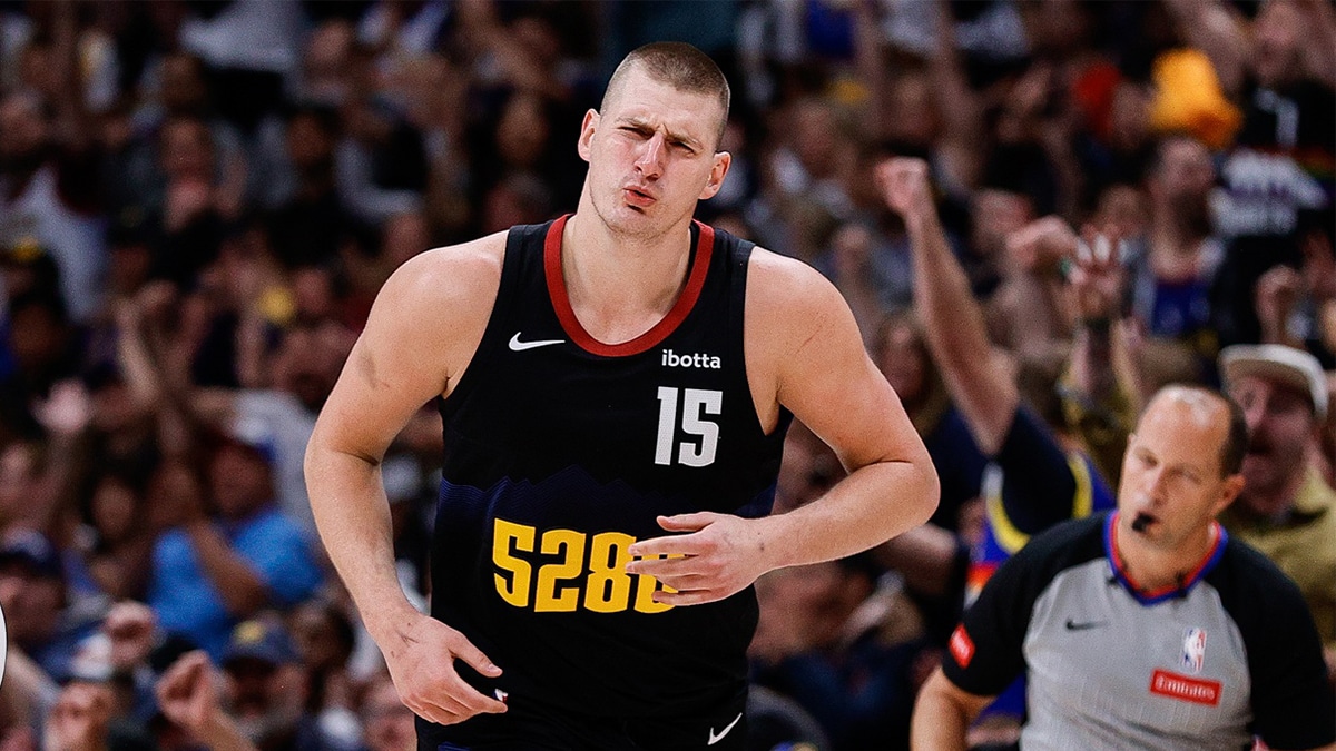 Denver Nuggets center Nikola Jokic (15) reacts after a play in the second quarter against the Minnesota Timberwolves during game five of the second round for the 2024 NBA playoffs at Ball Arena. 